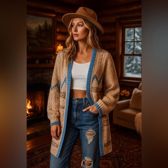 POL Cream Western Aztec Print Open Front Knit Cardigan Sweater with Pockets - Picture 7 of 10